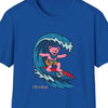 Royal blue T-shirt with pink bear surfing wave graphic and “Life is dead” text