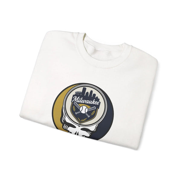 White crewneck sweatshirt with Milwaukee skull logo graphic