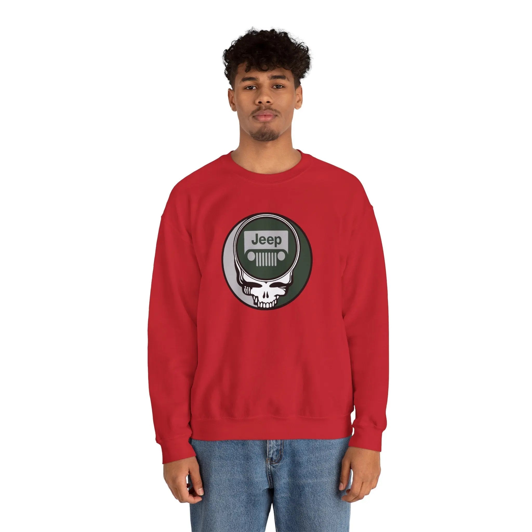 Red crewneck sweatshirt with Jeep logo front graphic