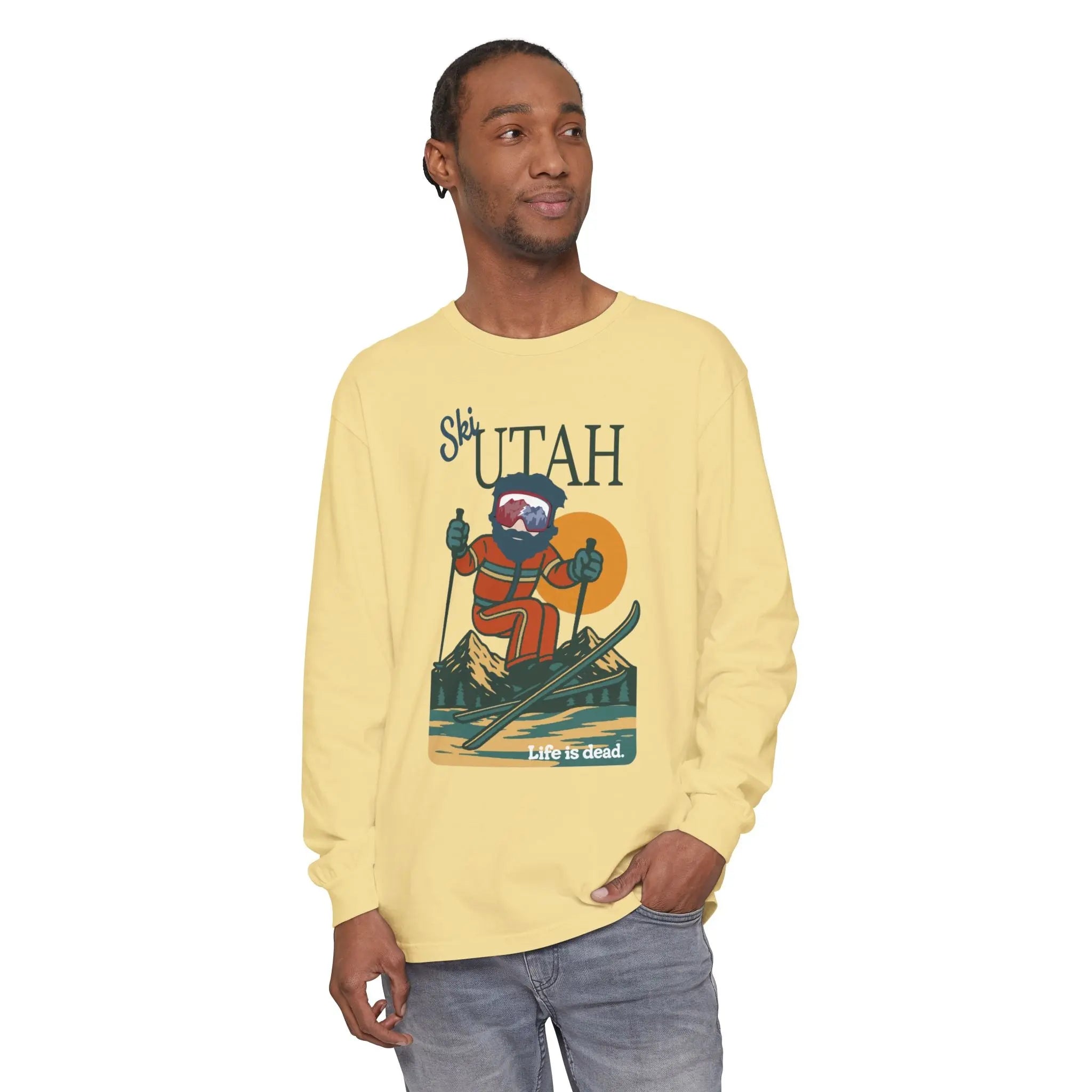 Butter yellow long-sleeve T-shirt with Ski Utah front graphic and crew neckline