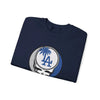 Navy crewneck sweatshirt with Dodgers Stealie circular skull logo, angled view