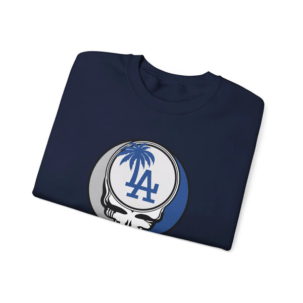 Navy crewneck sweatshirt with Dodgers Stealie circular skull logo, angled view