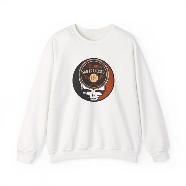 White Giants crewneck sweatshirt with front San Francisco Stealie-style logo