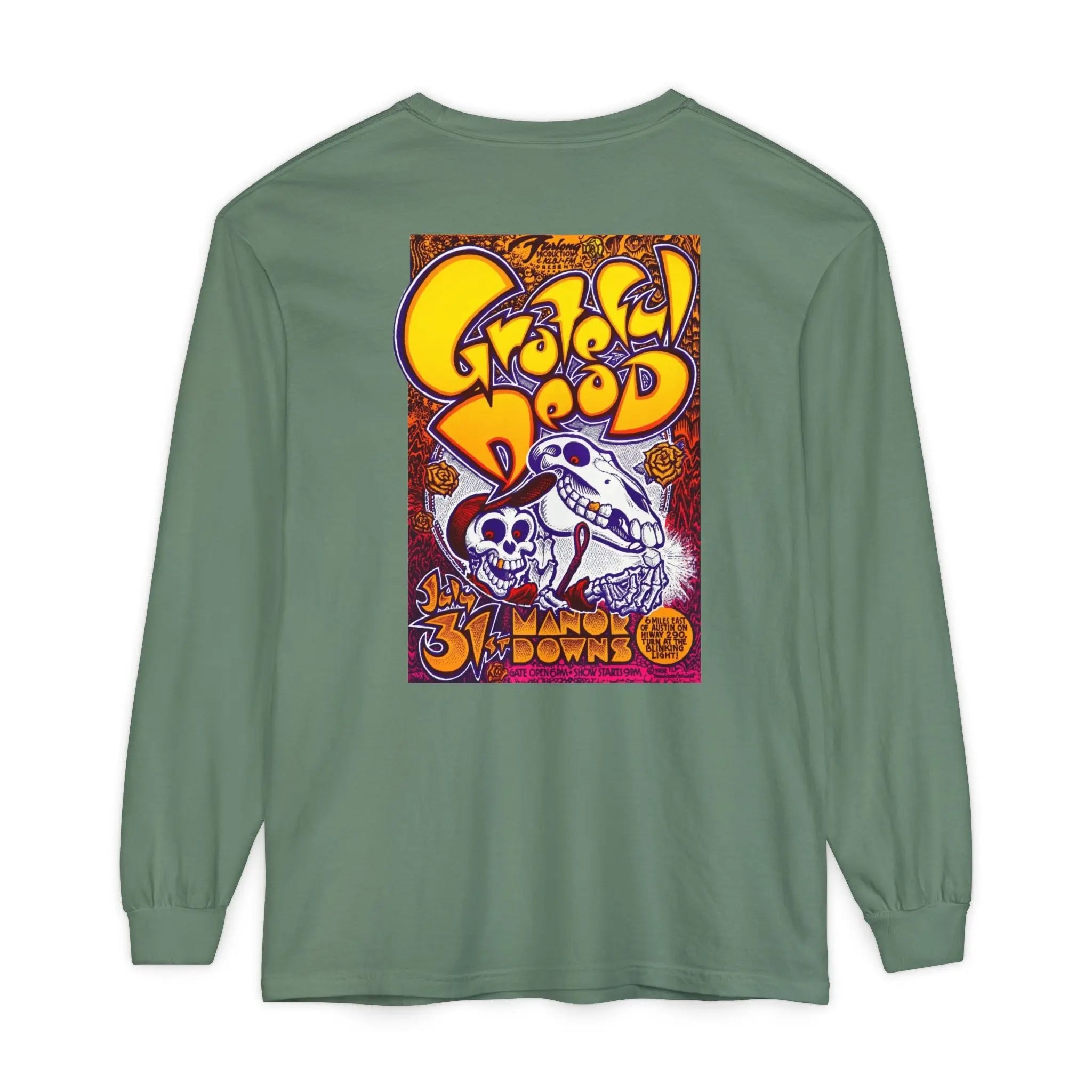 Green long-sleeve T-shirt with large back graphic print
