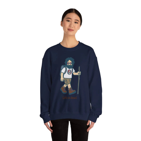 Navy crewneck sweatshirt with front cartoon hiker graphic, model wearing