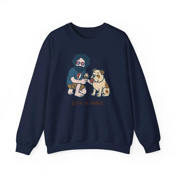 Navy crewneck sweatshirt with cartoon graphic of two men and a pug dog