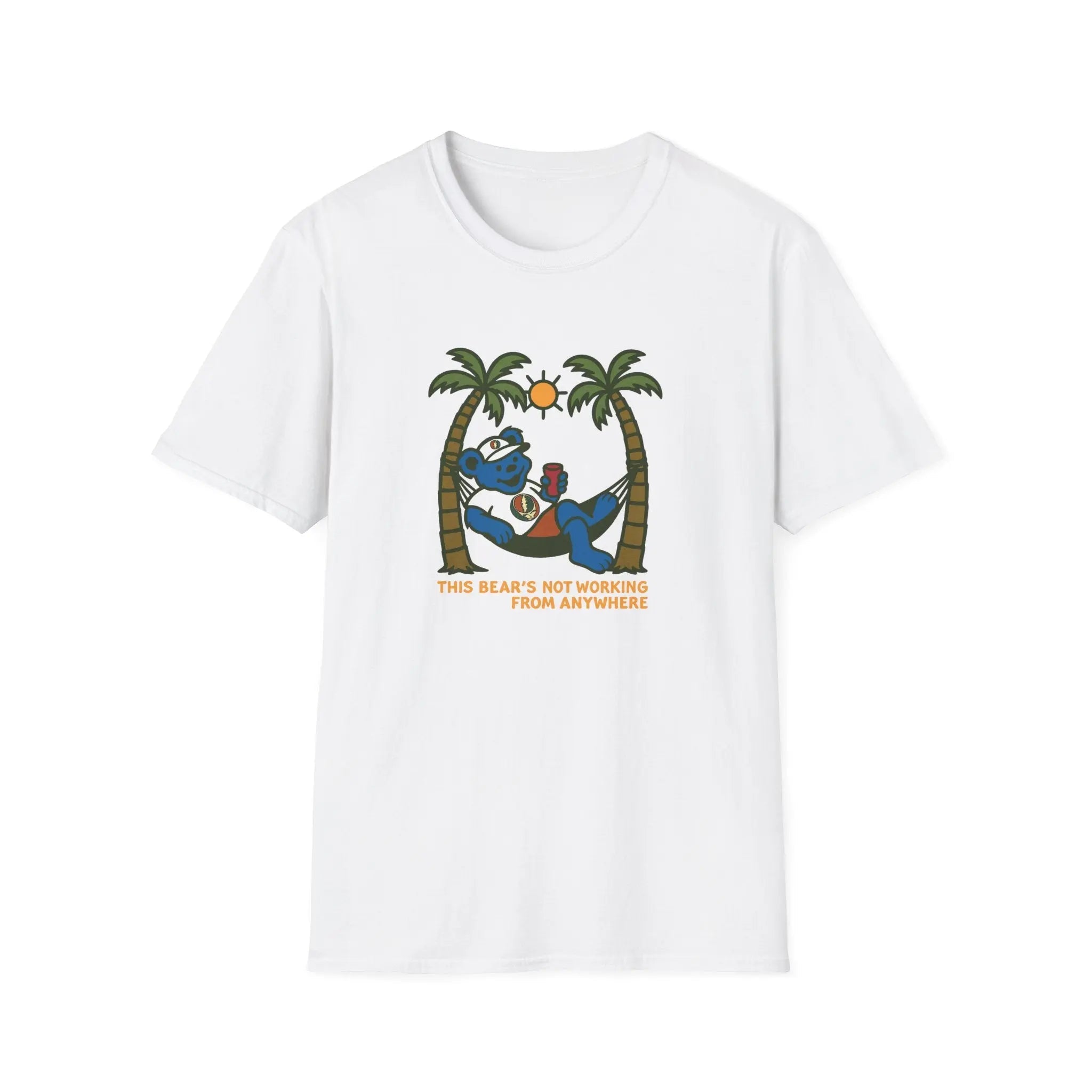 White graphic T-shirt with bear illustration and palm trees, crew neck short sleeves