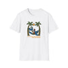 White graphic T-shirt with bear illustration and palm trees, crew neck short sleeves
