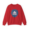 Red crewneck sweatshirt with long sleeves and circular face graphic on chest.