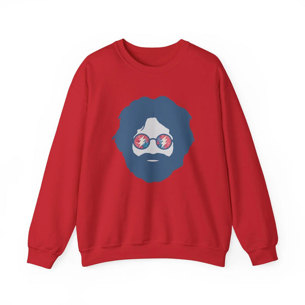 Red crewneck sweatshirt with long sleeves and circular face graphic on chest.