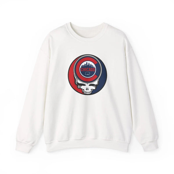 White crewneck sweatshirt with circular Chicago graphic skull logo on the chest