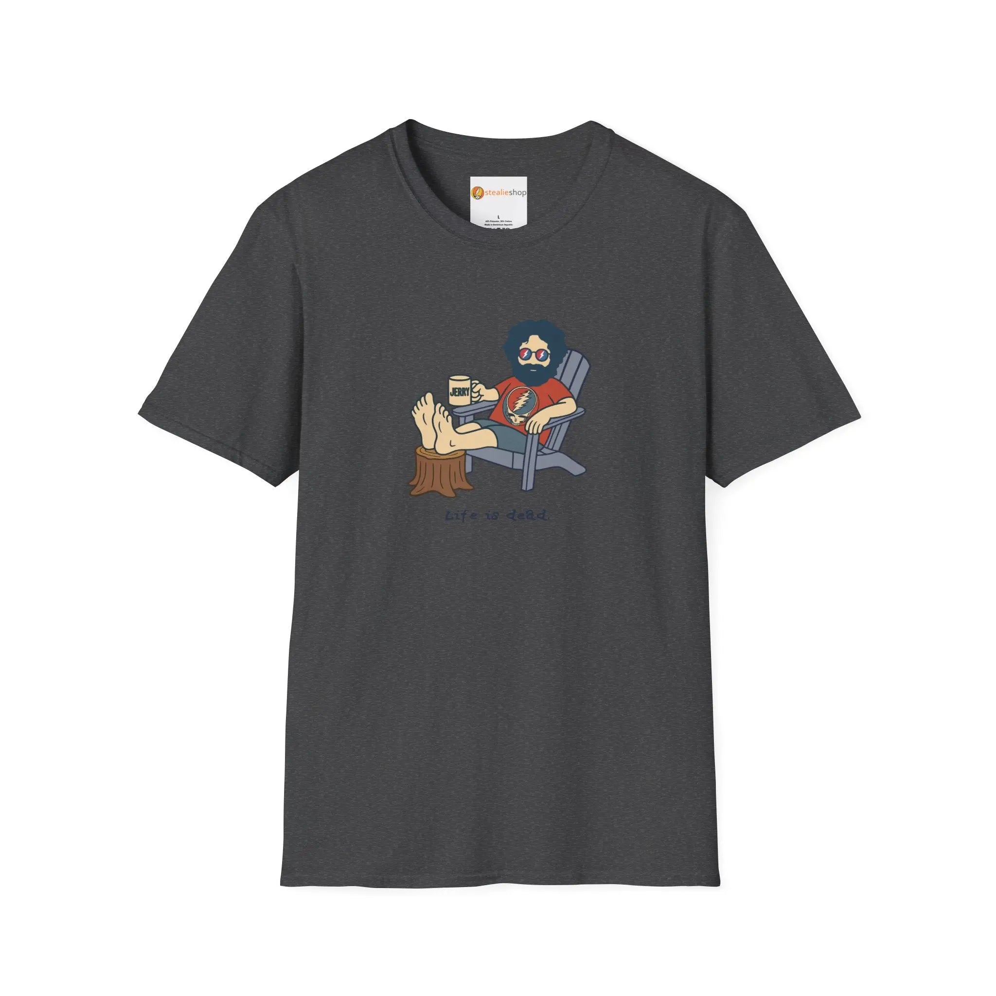 Dark heather graphic T-shirt with crew neck and illustrated seated character on front