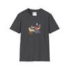 Dark heather graphic T-shirt with crew neck and illustrated seated character on front