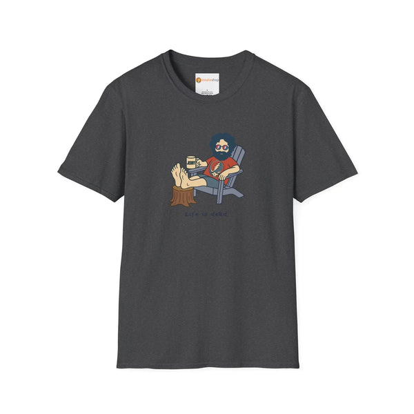 Dark heather graphic T-shirt with crew neck and illustrated seated character on front