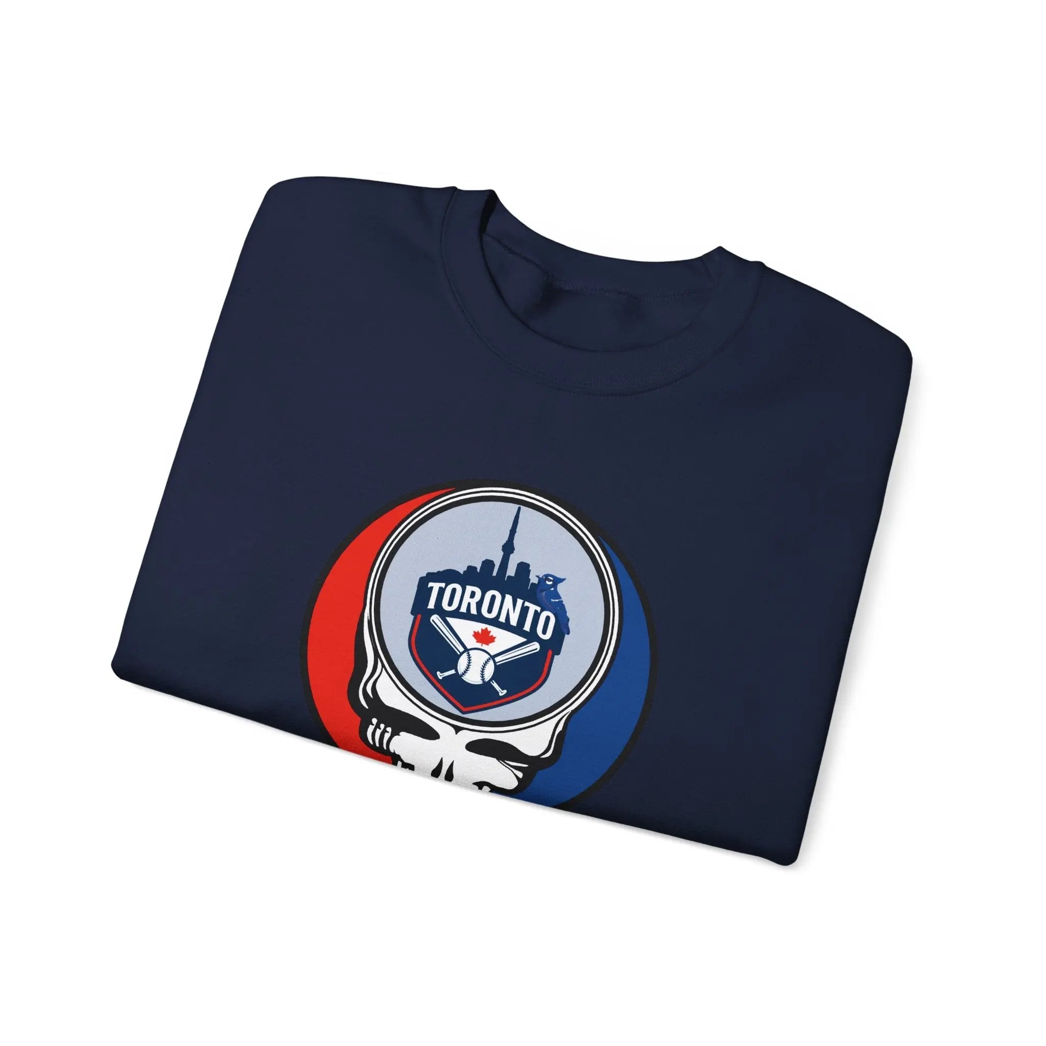Navy crewneck sweatshirt with Toronto logo skull graphic on the chest