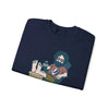 Navy crewneck sweatshirt with cartoon graphic on chest