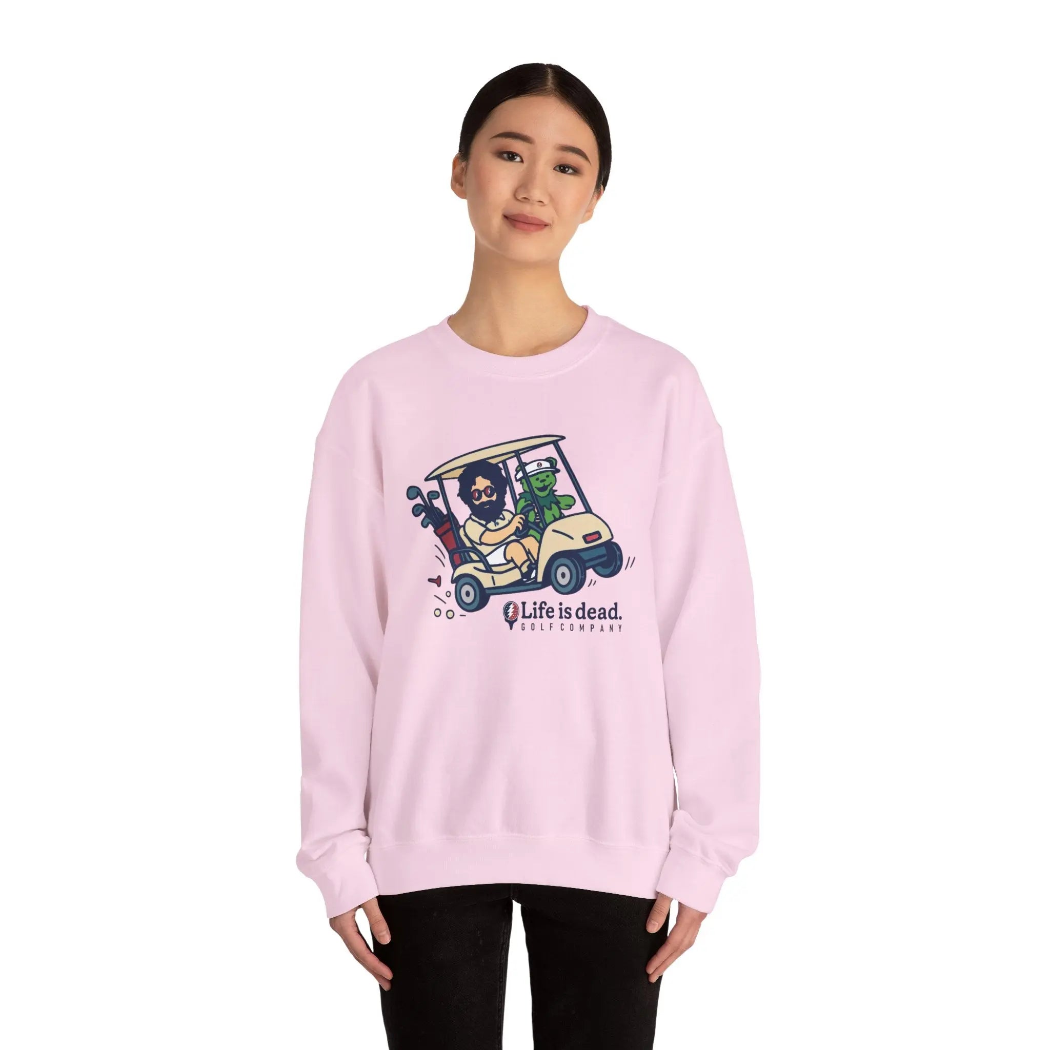 Light pink crewneck sweatshirt with front graphic print, long sleeves
