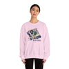 Light pink crewneck sweatshirt with front graphic print, long sleeves
