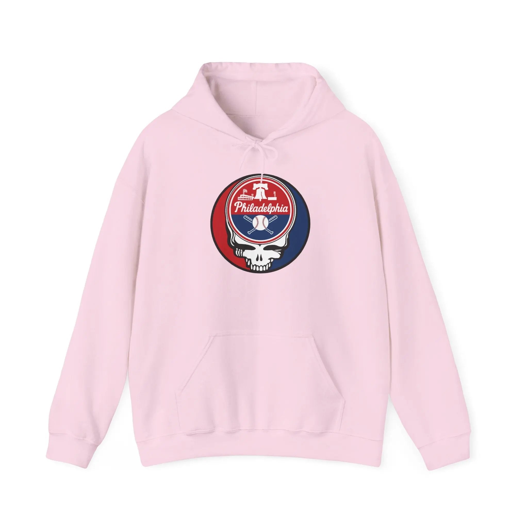 Pink pullover hoodie with front hood and kangaroo pocket, featuring circular Philadelphia logo
