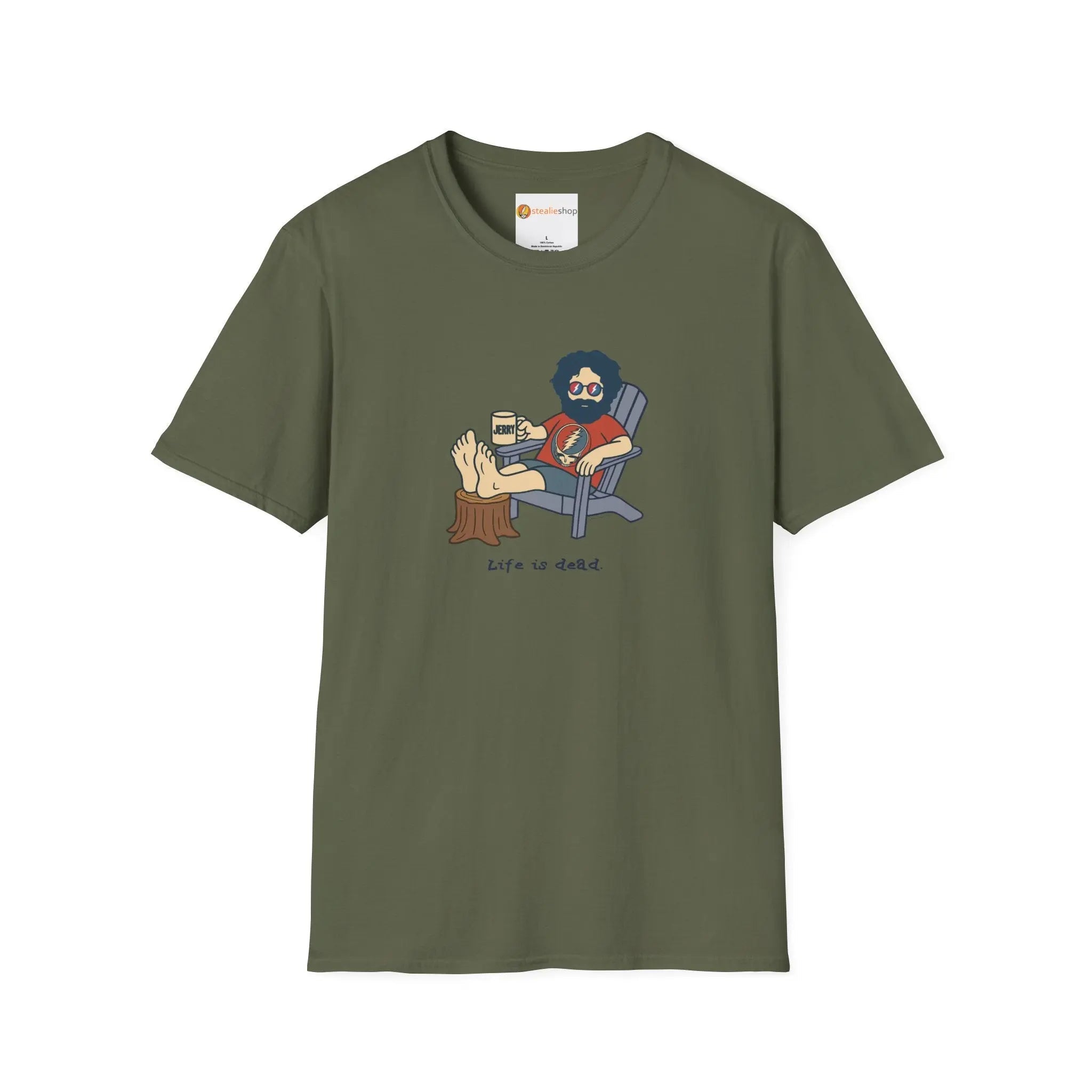 Military green graphic T-shirt with crew neck and illustrated seated character on front