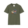 Military green graphic T-shirt with crew neck and illustrated seated character on front