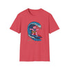 Heather red T-shirt with pink bear surfing wave graphic and “Life is dead” text