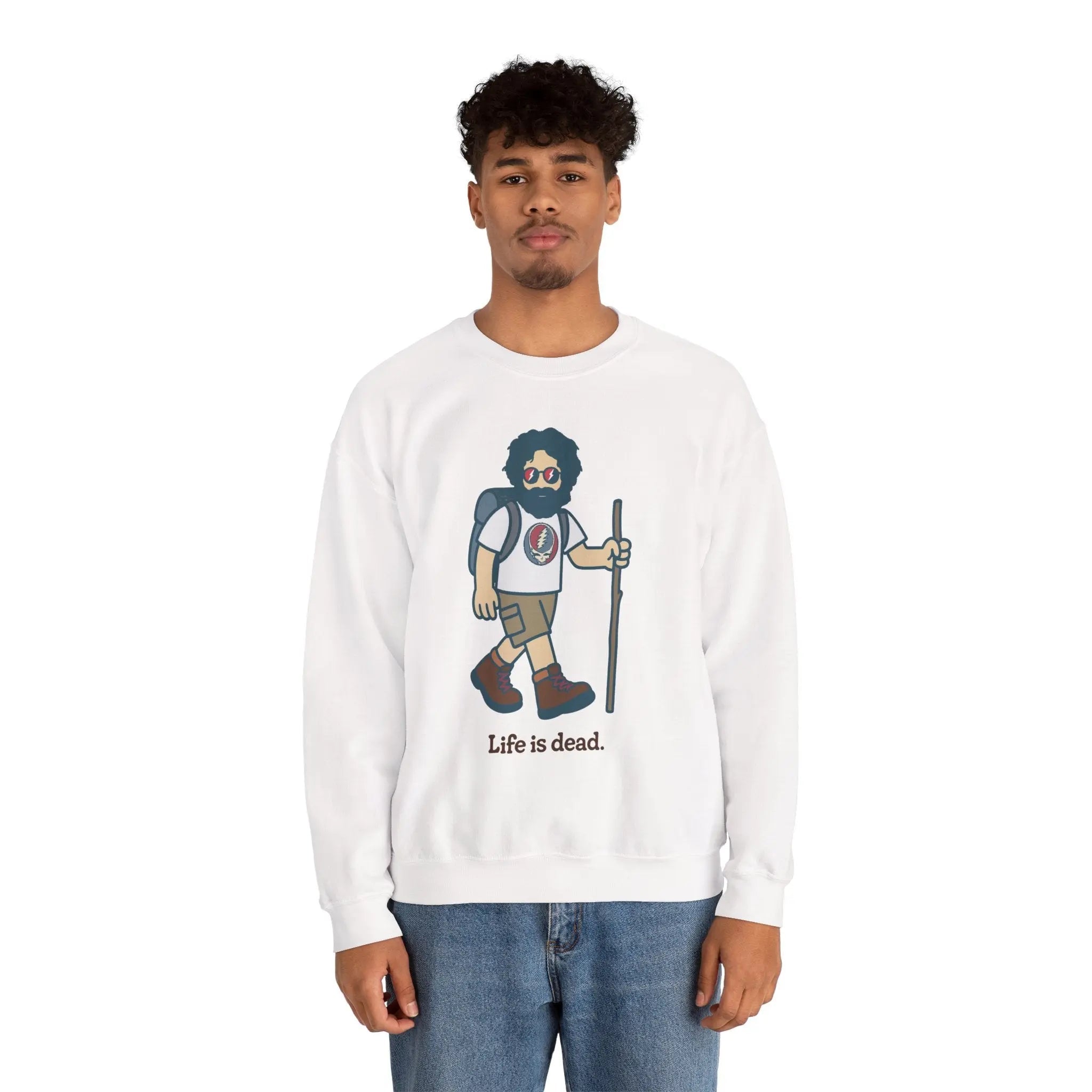White crewneck sweatshirt with bearded hiking character graphic