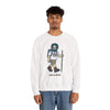 White crewneck sweatshirt with bearded hiking character graphic