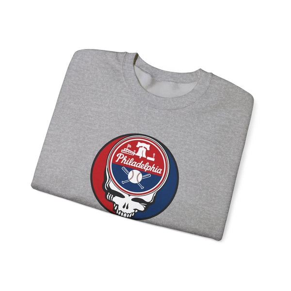 Light gray crewneck sweatshirt with Philadelphia circular sports logo graphic on chest.