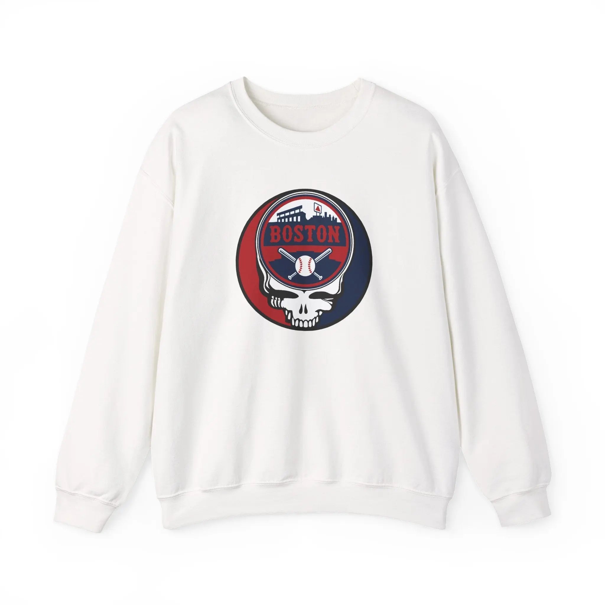 White crewneck sweatshirt with circular Boston skull logo at center chest
