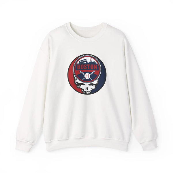 White crewneck sweatshirt with circular Boston skull logo at center chest