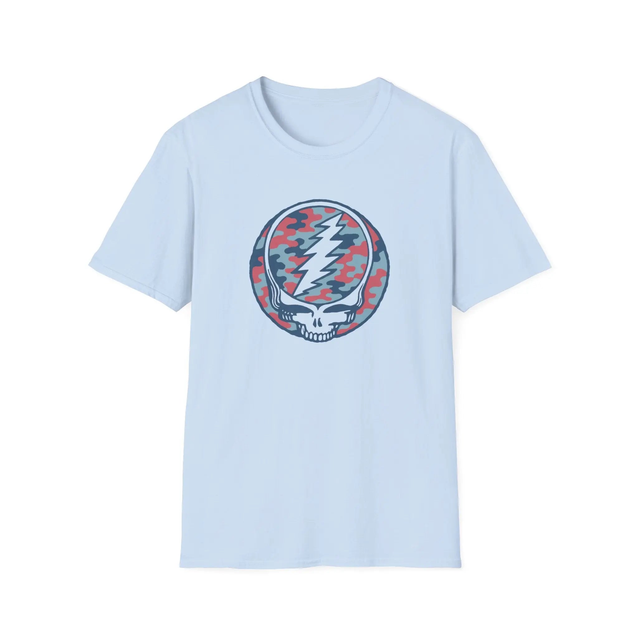 Light blue crewneck T-shirt with red-and-gray camo skull lightning graphic