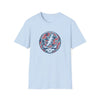 Light blue crewneck T-shirt with red-and-gray camo skull lightning graphic