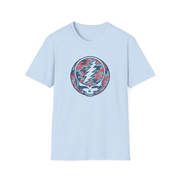 Light blue crewneck T-shirt with red-and-gray camo skull lightning graphic