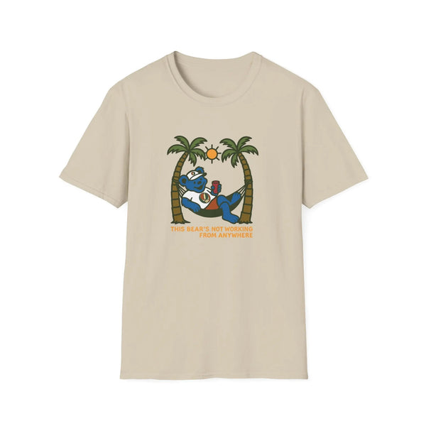 Beige graphic T-shirt with bear illustration and palm trees, crew neck short sleeves