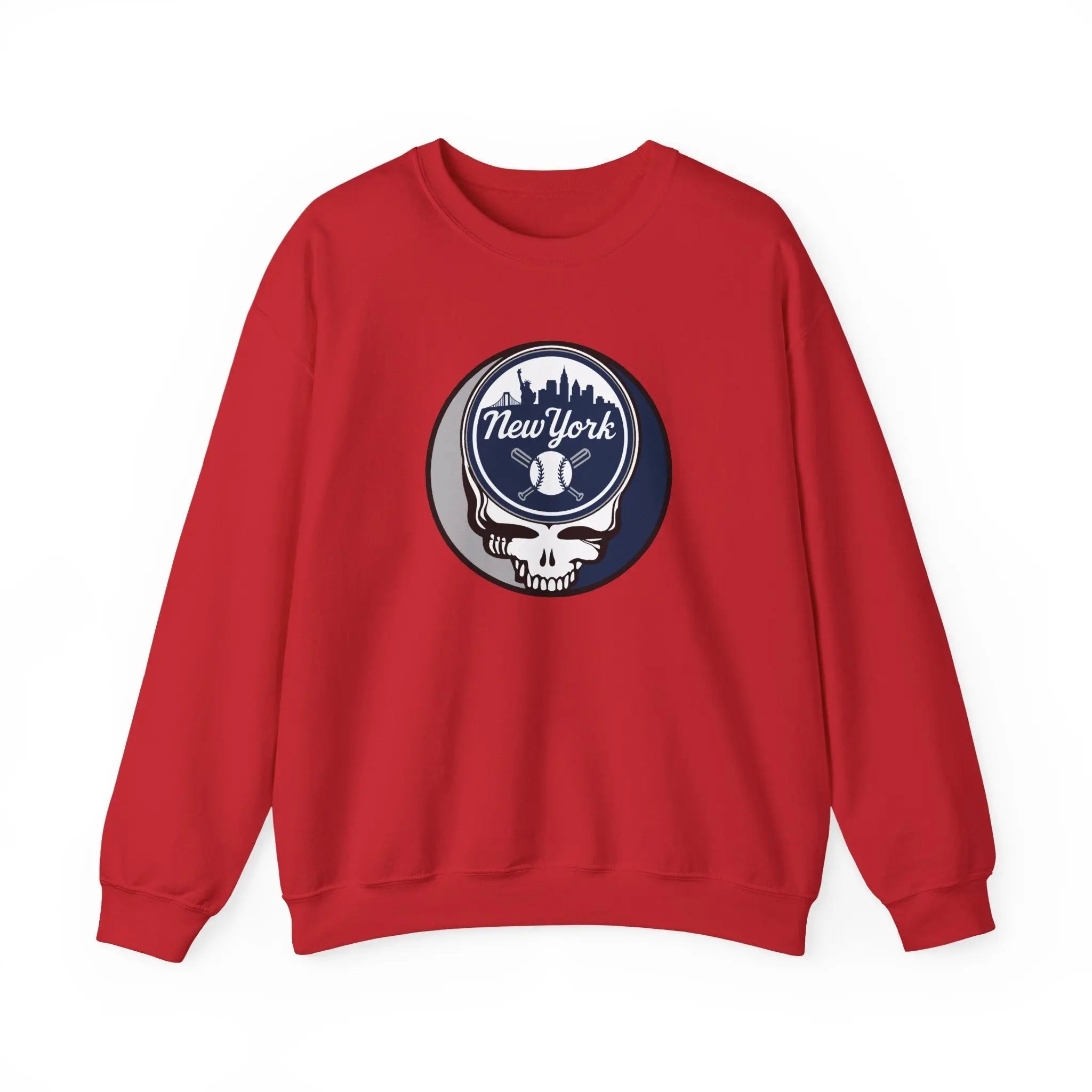 Red crewneck sweatshirt with round New York skull Stealie graphic on front