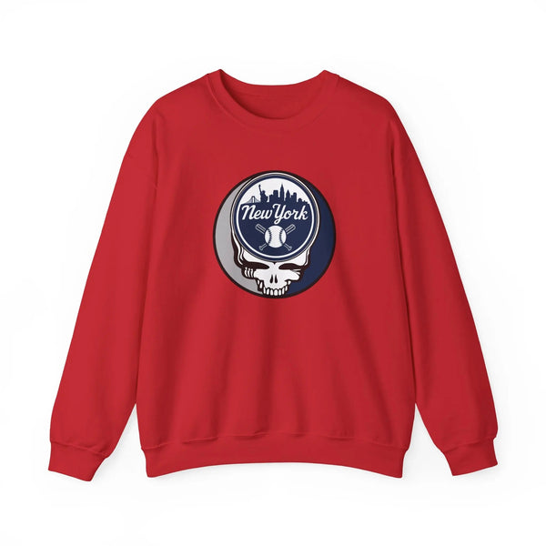 Red crewneck sweatshirt with round New York skull Stealie graphic on front