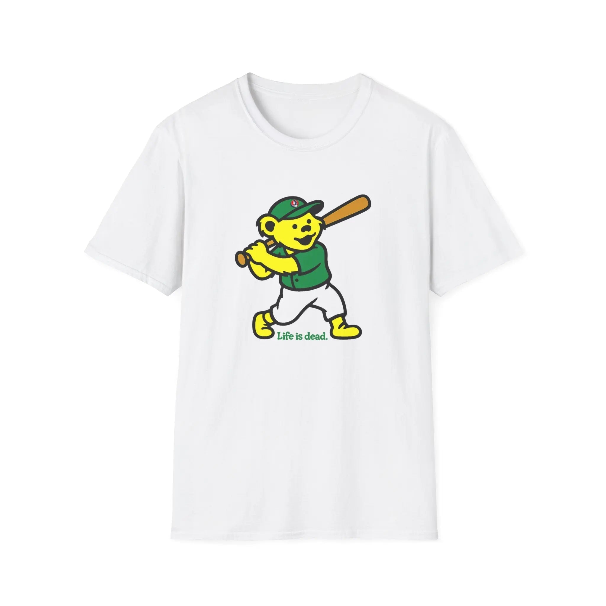 White T-shirt with dancing bear graphic and text 