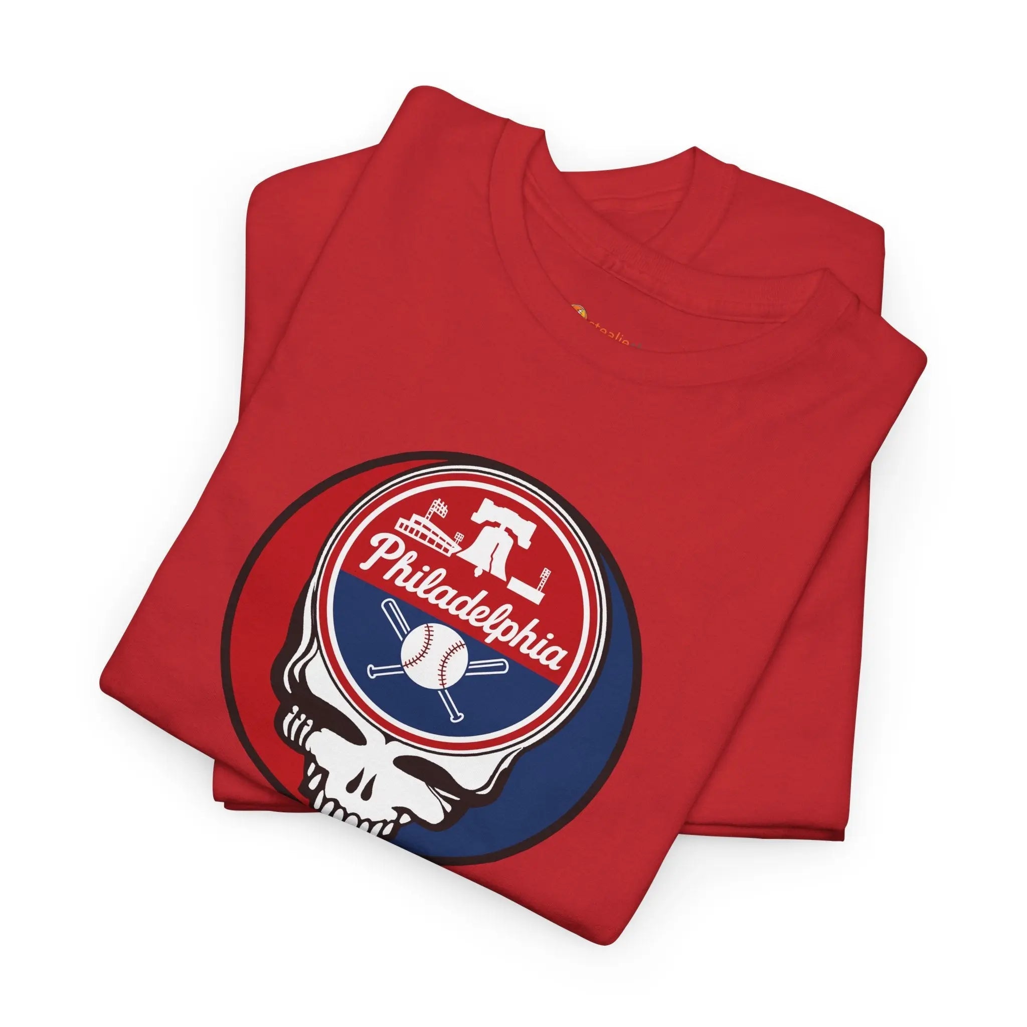 Red crewneck T-shirt set with circular Stealie skull Philadelphia graphic on front
