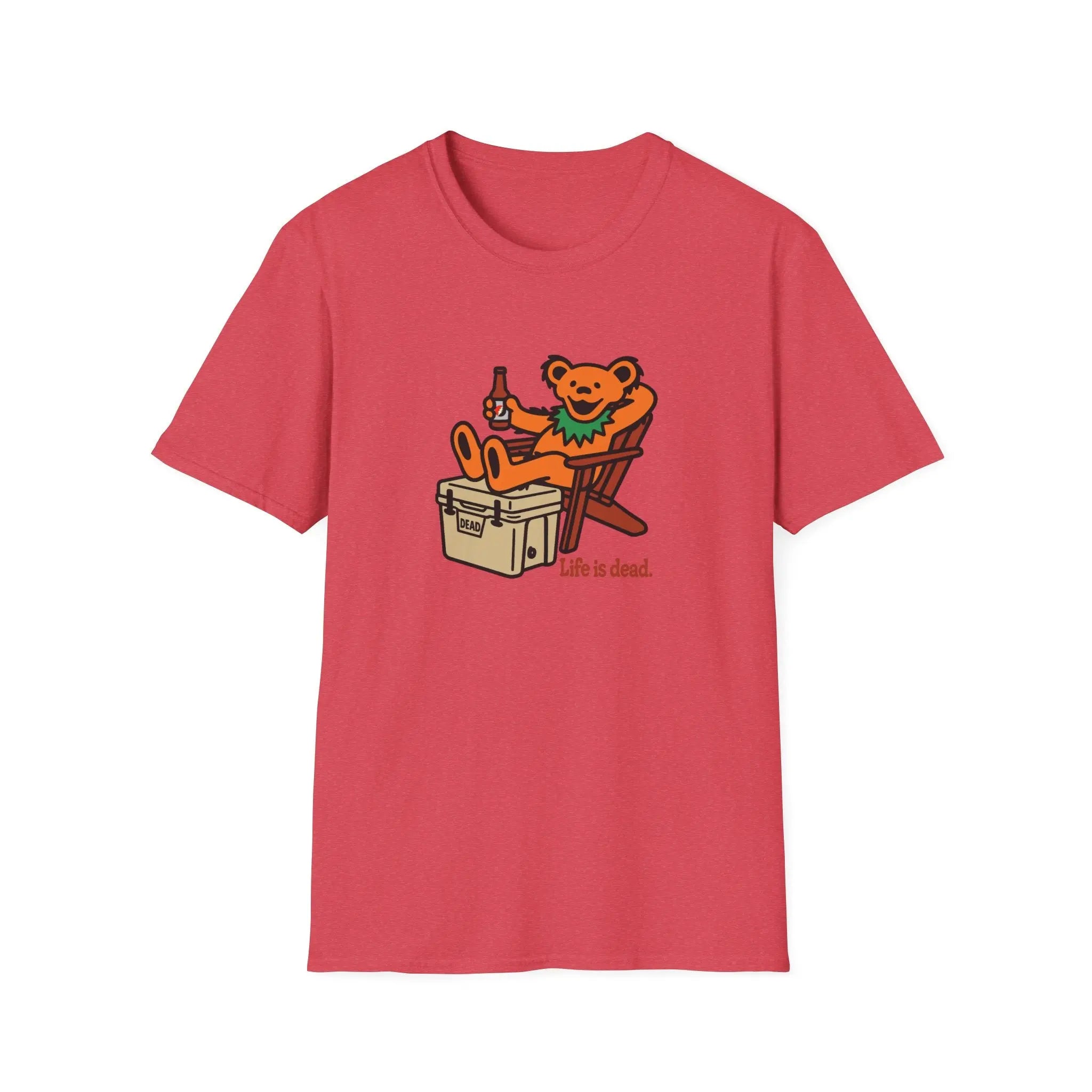 Red T-shirt with cartoon bear graphic and 