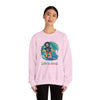 Light pink crewneck sweatshirt with surfing character graphic and Life is dead. text