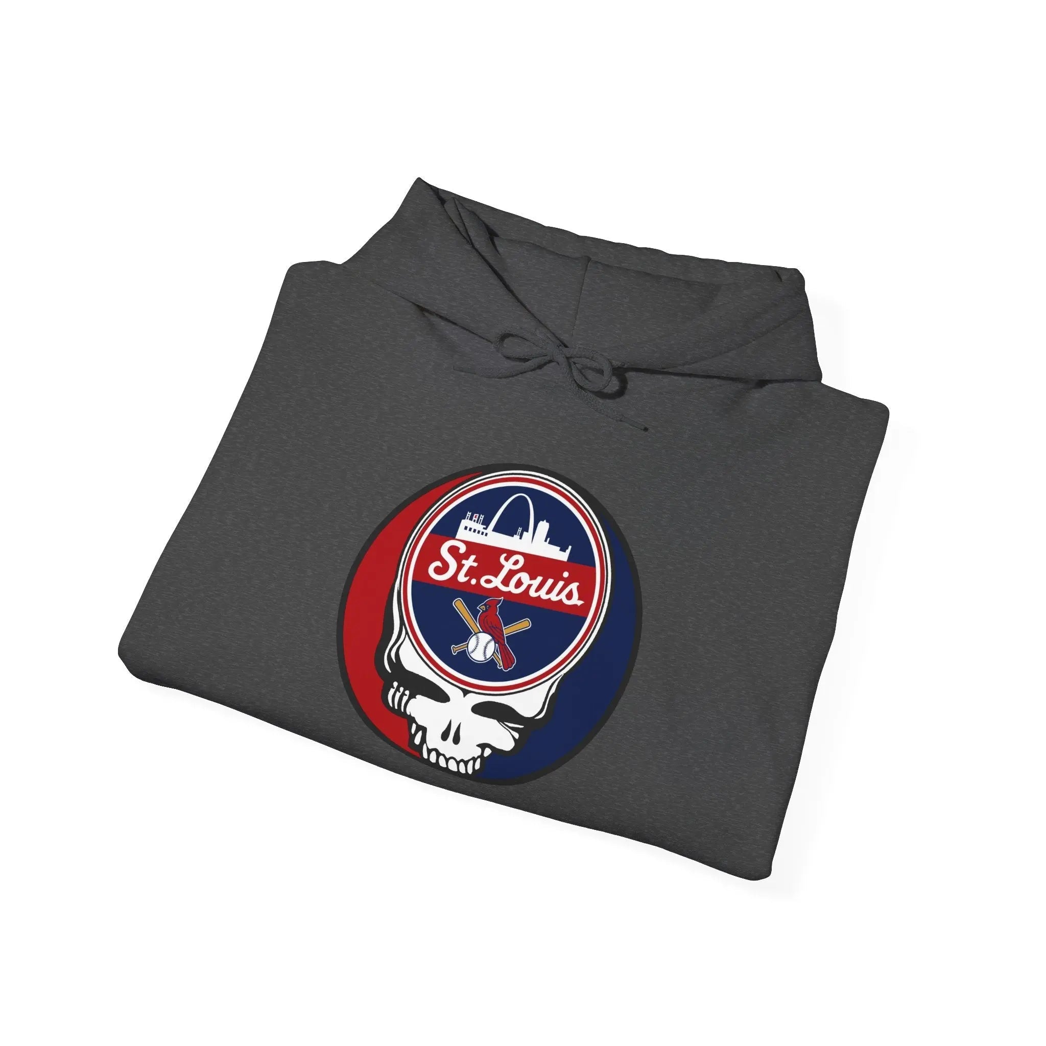 Dark gray hoodie folded with hood and front pocket; circular sports team logo on chest