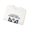 White crewneck sweatshirt with blue bus graphic, flat lay