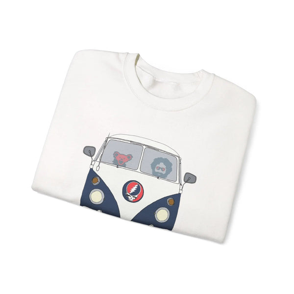 White crewneck sweatshirt with blue bus graphic, flat lay