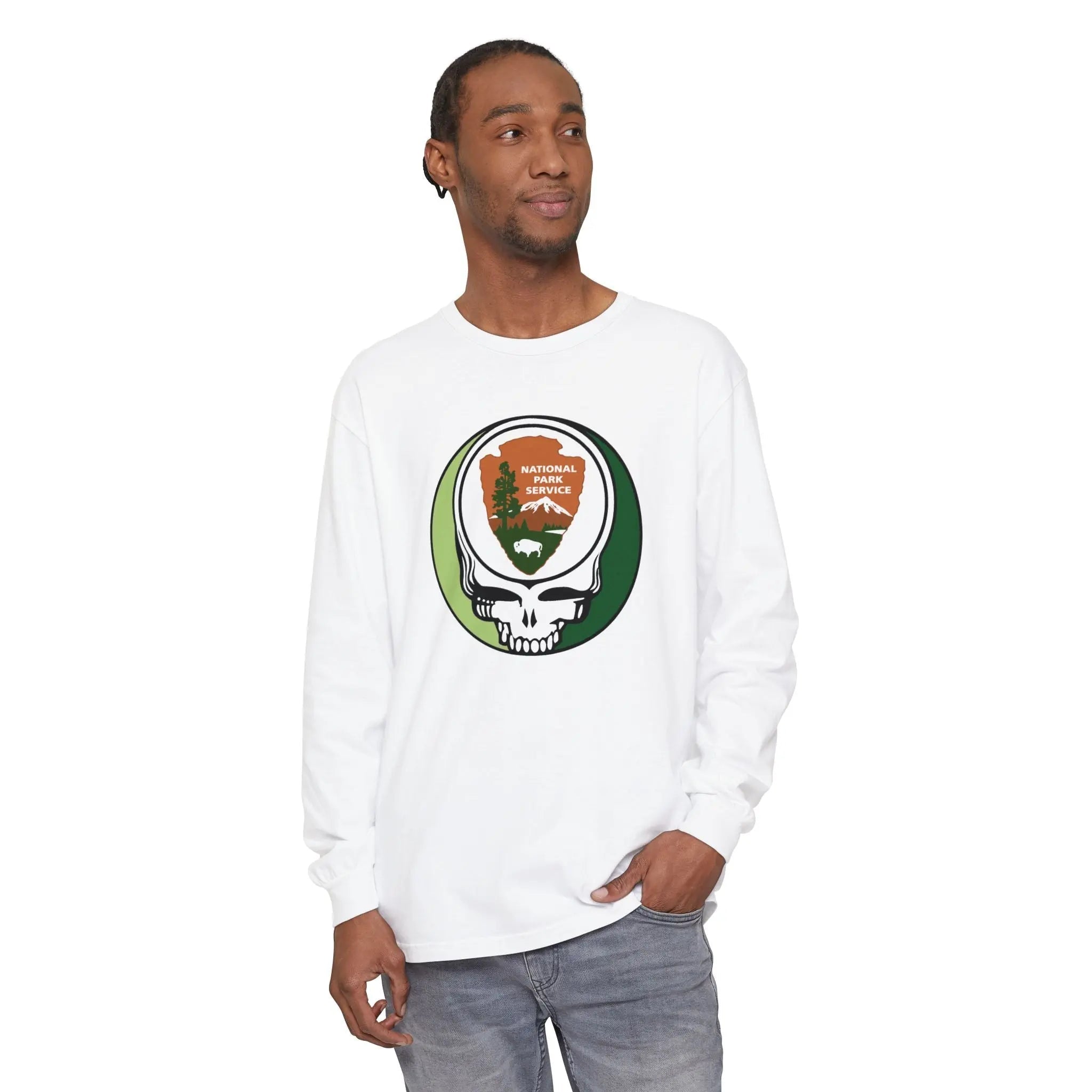 White long-sleeve t-shirt with National Park Service skull logo on chest