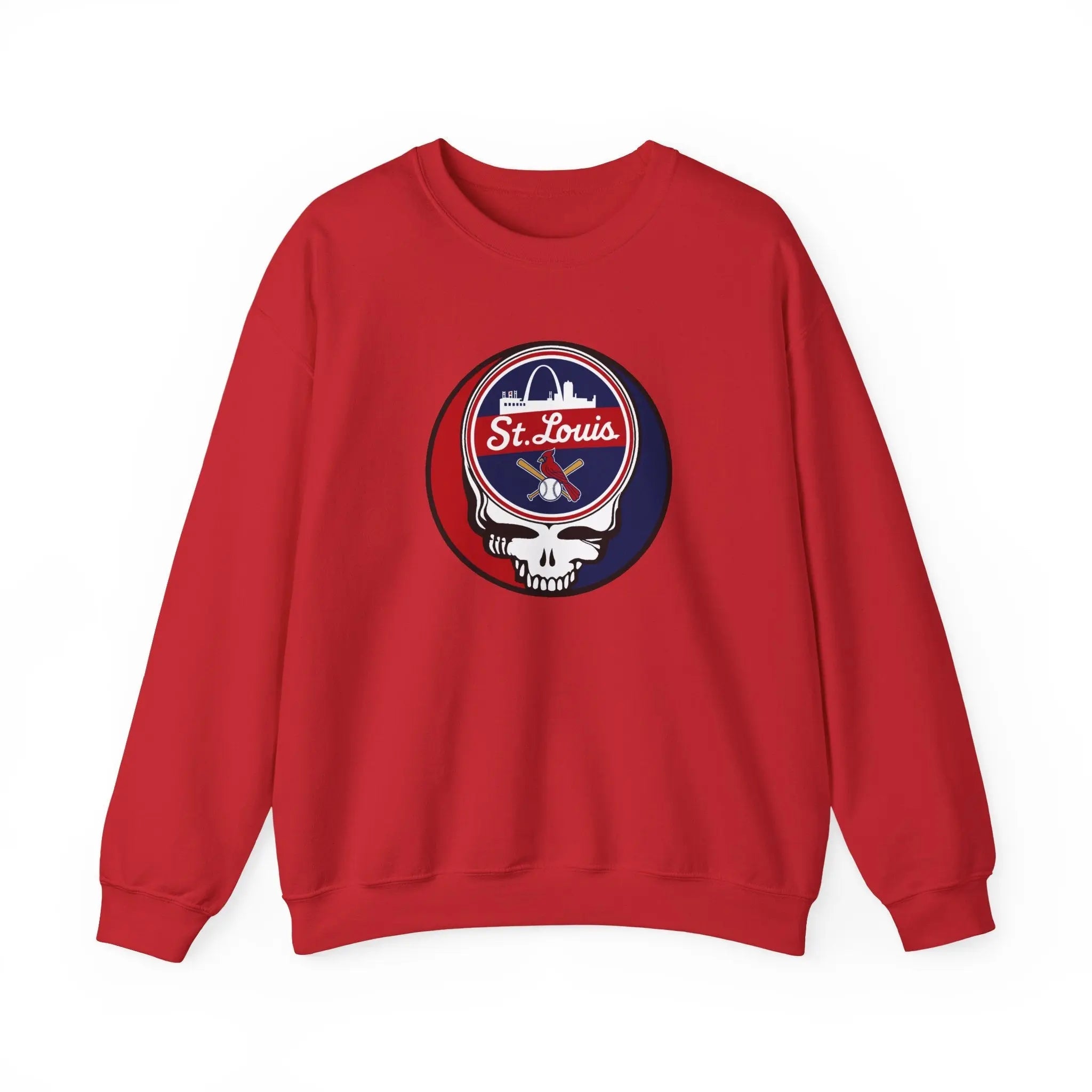 Red crewneck sweatshirt with St. Louis logo graphic on center chest