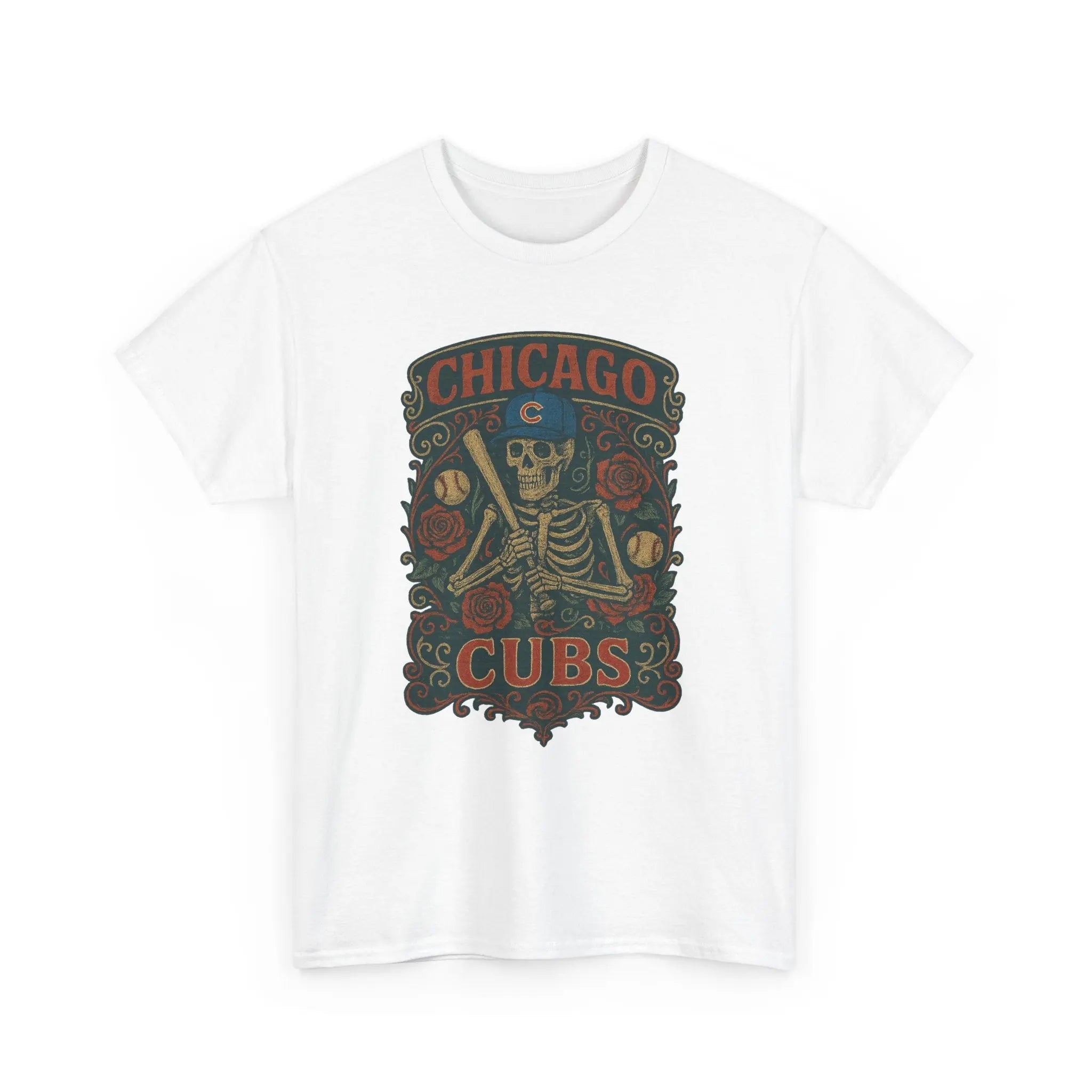 White crewneck T-shirt showing Chicago Cubs crest skeleton front graphic