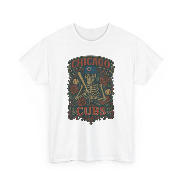 White crewneck T-shirt showing Chicago Cubs crest skeleton front graphic