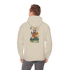 Light beige ski-themed hoodie with back graphic; hood and long sleeves