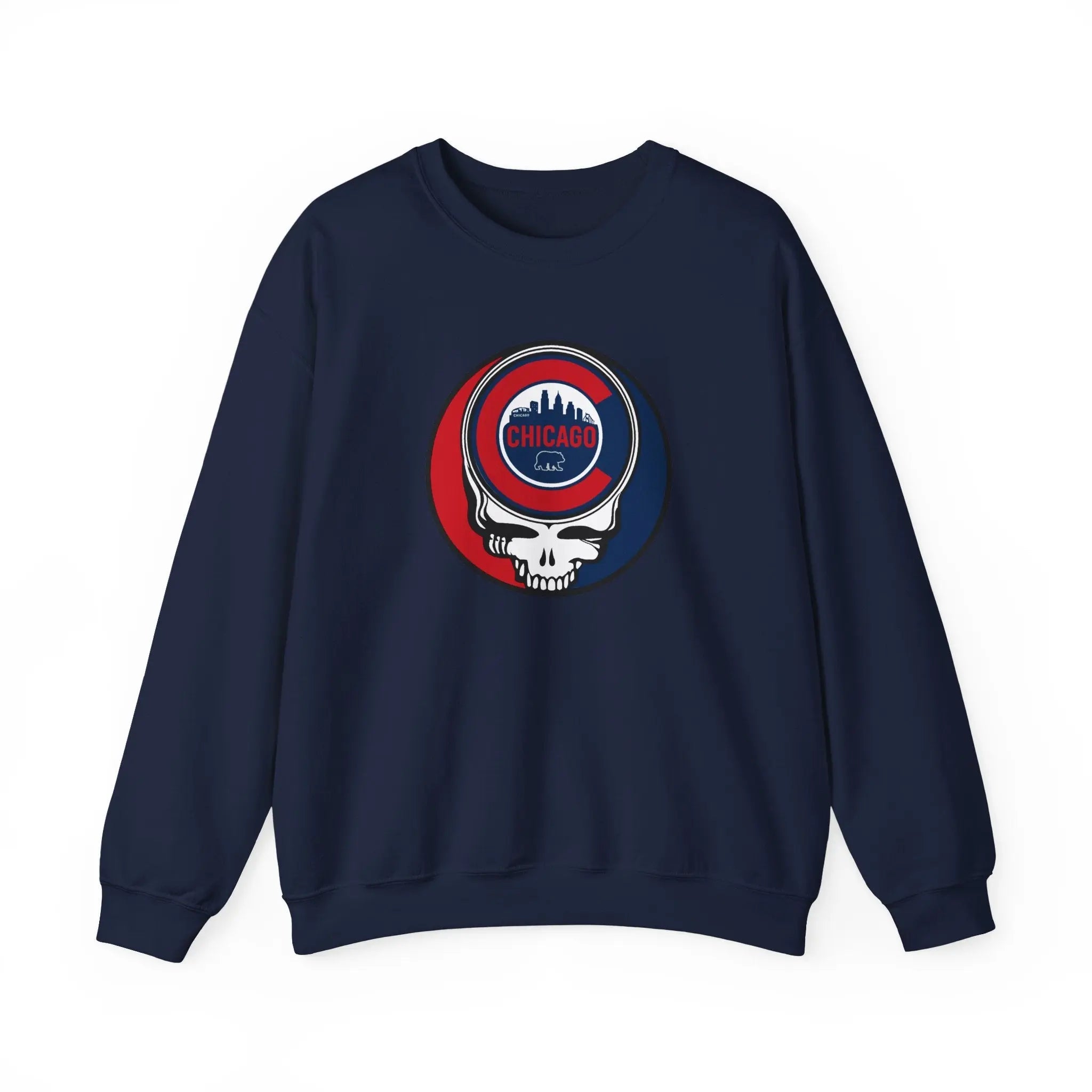Navy crewneck sweatshirt with circular Chicago graphic skull logo on the chest